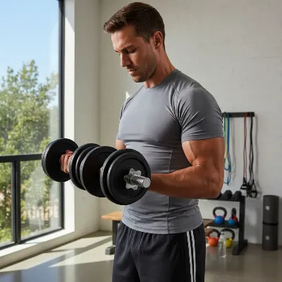 A person demonstrating bicep curls with adjustable dumbbells in a bright, minimalist home gym setting.
