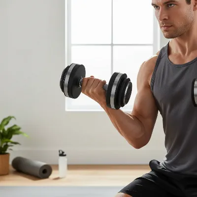 A person performing bicep curls with adjustable dumbbells in a minimalist home gym setting.
