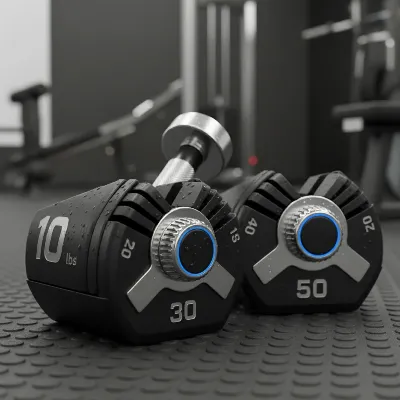 Close-up of a pair of adjustable dumbbells, highlighting their space-saving design and various weight settings.