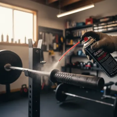 A close-up shot of a hand applying rust-preventative spray to the knurling of a barbell in a garage gym setting, highlighting precision and protection.