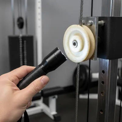 A person inspecting a home gym cable machine pulley for wear and tear.