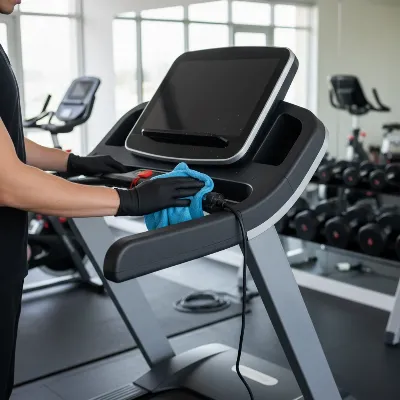 A person carefully wiping down a treadmill console with a microfiber cloth, emphasizing unplugging the machine for safety in a modern home gym setting