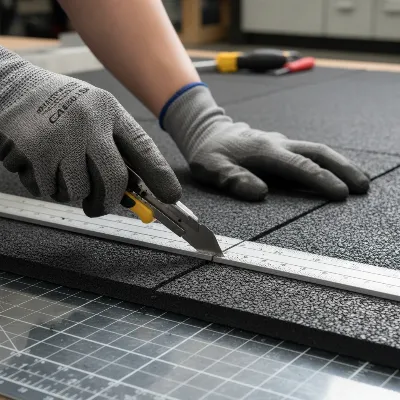 A person using a utility knife and a metal straight edge to precisely cut a rubber gym flooring roll.