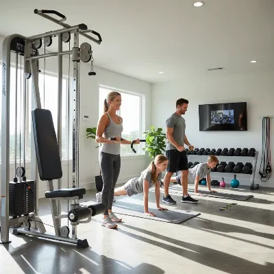 A diverse family working out together in a modern home gym, focusing on a multi-station machine with various attachments. The scene is bright and energetic.