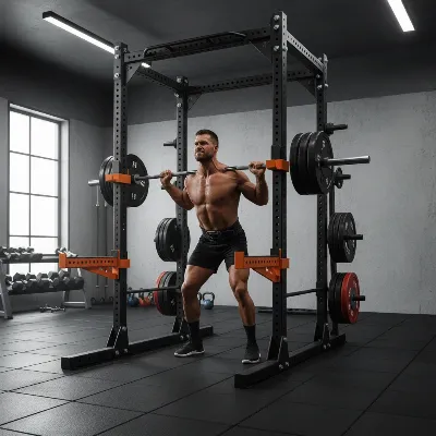 A lifter performing a heavy squat inside a robust 11-gauge steel power rack with safety spotter arms visible, highlighting strength and safety in a home gym setting.
