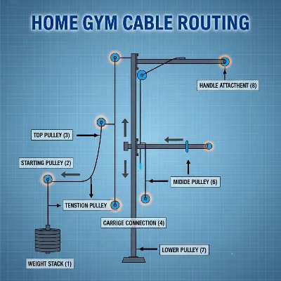 Detailed diagram showing the routing of a home gym cable through various pulleys and attachment points.