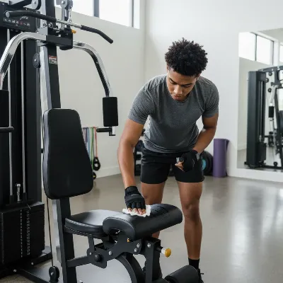 A person wiping down a home gym multi-station machine after a workout, emphasizing daily cleaning routines with a disinfectant wipe in a well-lit home gym setting.