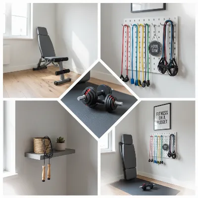 A collage showcasing various compact home gym essentials arranged neatly in a small room, highlighting space efficiency.