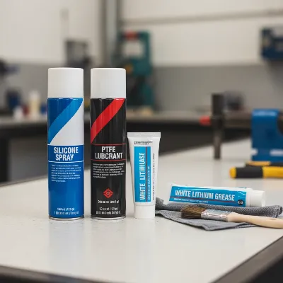 A collection of recommended lubricants and cleaning tools for home gym maintenance