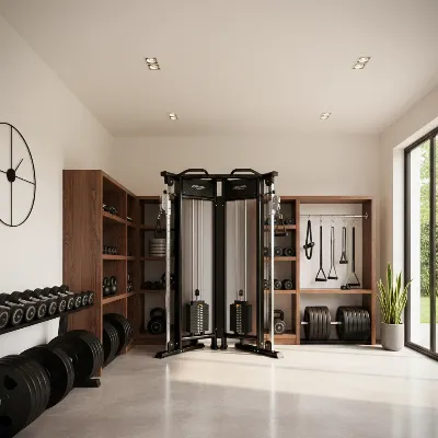 A premium home gym setup with a functional trainer, integrated weight stacks, and various attachments in a modern home gym space, high-quality, professional lighting