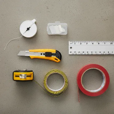 Essential tools for DIY rubber flooring installation in a home gym, including a utility knife, measuring tape, and straight edge.