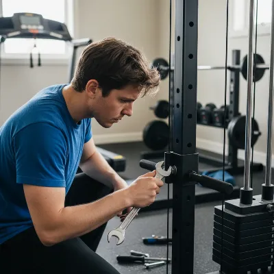 A person inspecting a home gym multi-station machine for a squeaking noise, holding a wrench and looking at a pivot point in a focused manner.