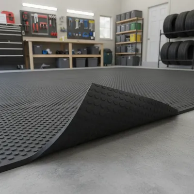 Durable horse stall mats laid out as gym flooring in a garage, protecting the concrete.