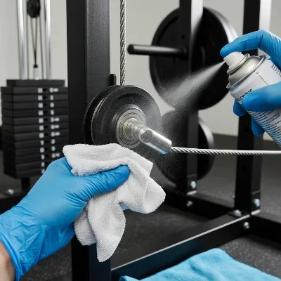 A person carefully applying silicone lubricant to a home gym pulley with a rag, cable visible