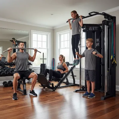 A modern multi-station home gym being used by a family, highlighting its versatility for various exercises. The image shows different family members performing different movements on the same machine.