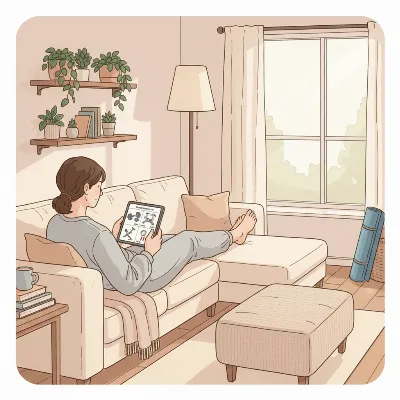 A person browsing affordable home gym equipment on a tablet in a cozy living room.
