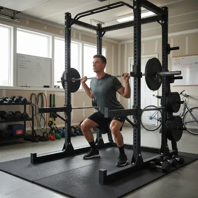 A person performing squats safely within a budget-friendly squat rack in a garage gym.