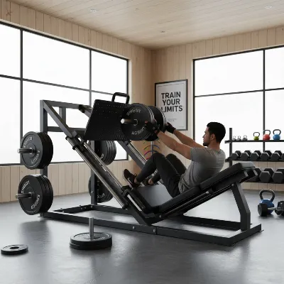 Person loading plates onto a robust plate-loaded leg press machine in a modern home gym.