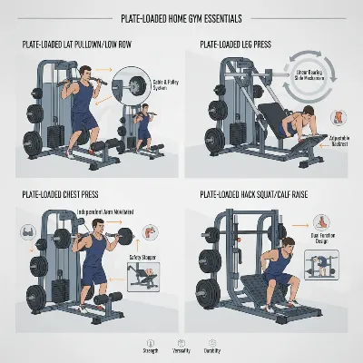 An illustrative graphic comparing various plate-loaded home gym machines for different muscle groups.