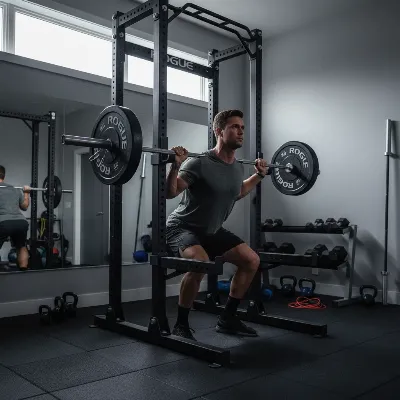 Rogue R-3W Fold Back Wall Mount Rack with a barbell and weights in use, showing its robustness during a workout in a home gym.