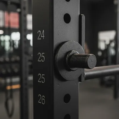 Close-up of Rogue RM-4 Monster Rack's 1-inch hardware and laser-cut numbering on 3x3 steel upright.