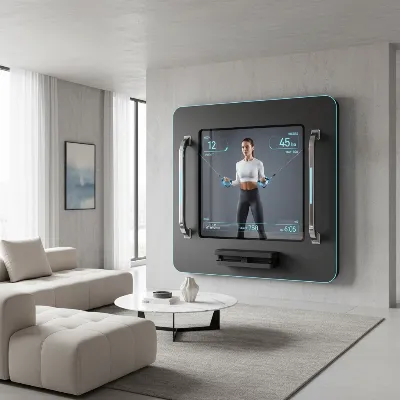 A sleek, wall-mounted smart home gym integrated into a modern apartment living room, with a person performing exercises using resistance arms. The space is tidy and minimalist, reflecting smart use of compact fitness equipment.