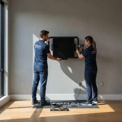 Two professionals installing a Tonal smart home gym on a wall