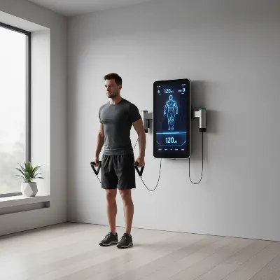 A modern, sleek Tonal smart home gym mounted on a minimalist wall, displaying an interactive workout screen, with a user performing an exercise using digital weights, high-tech, futuristic aesthetic