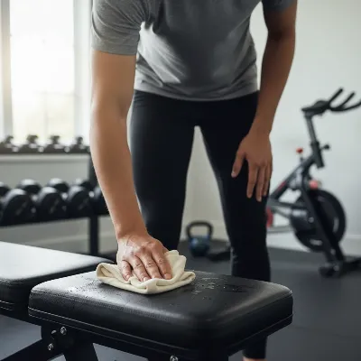 A person meticulously wiping a padded workout bench with a damp cloth in a tidy home gym, highlighting upholstery care